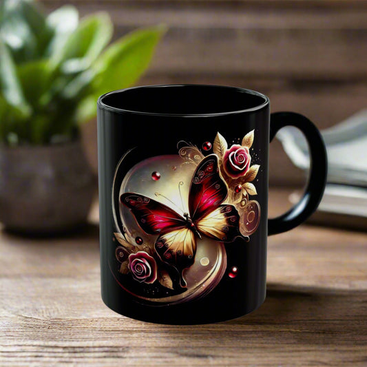 Black Colorful Butterfly Mug — 11oz & 15oz Ceramic Inspirational Coffee Cup